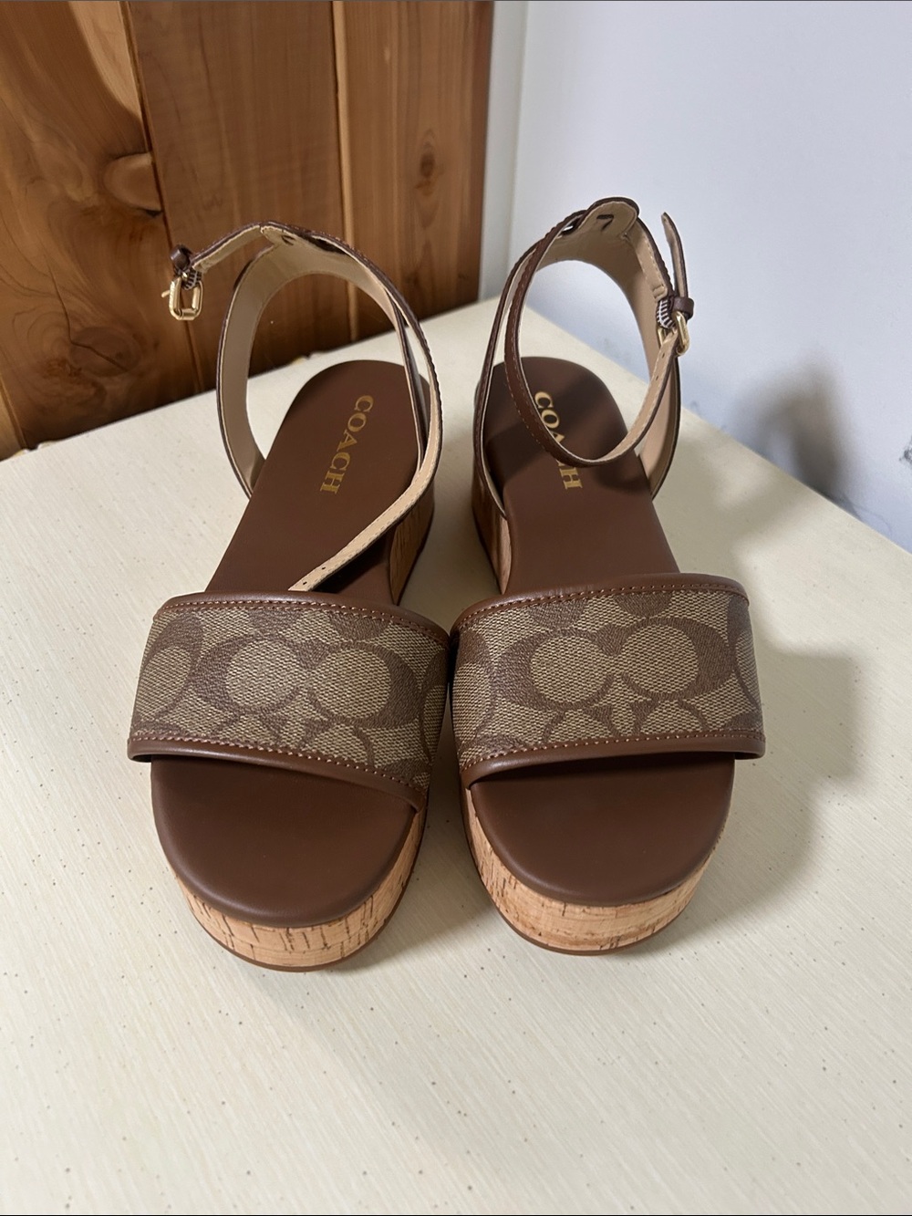 Coach Brown Signature Canvas Cork Platform Sandals with Ankle Strap NWOT 7